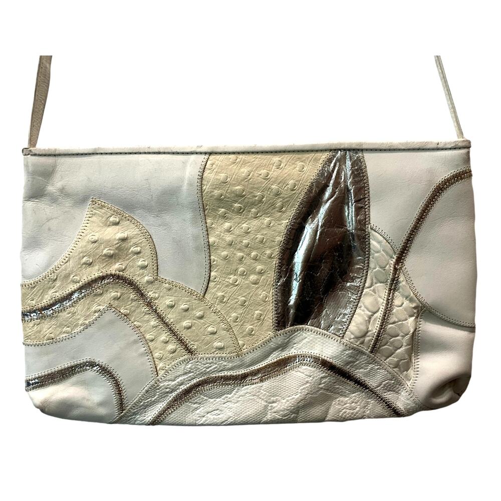80s White & Silver Leather Mixed Up Patchwork Shoulder Bag | 13.75 x 8.5"